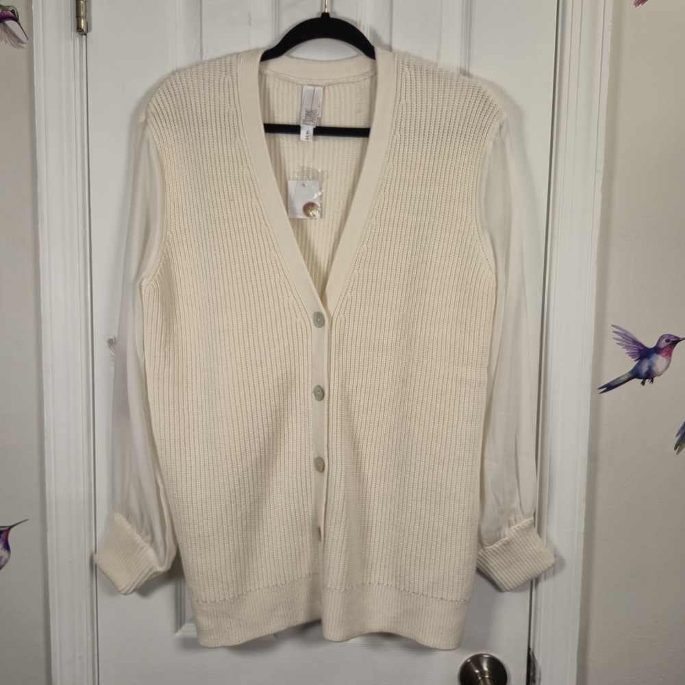 NWT WynneLayers Cream Mixed Media Ribbed Knit Cardigan Sweater Sheer Sleeves S
